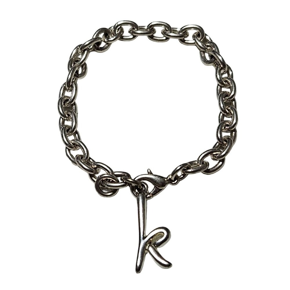 Letter K Charm Bracelet Silver Tone Chain LInk Minimalist Fashion Jewelry Women